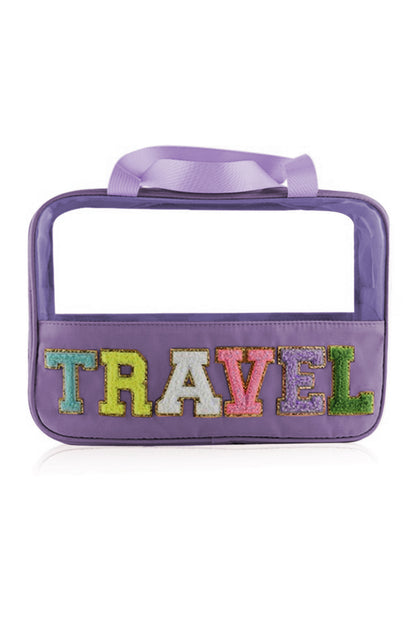 Purple TRAVEL Chenille Letter Clear Bag