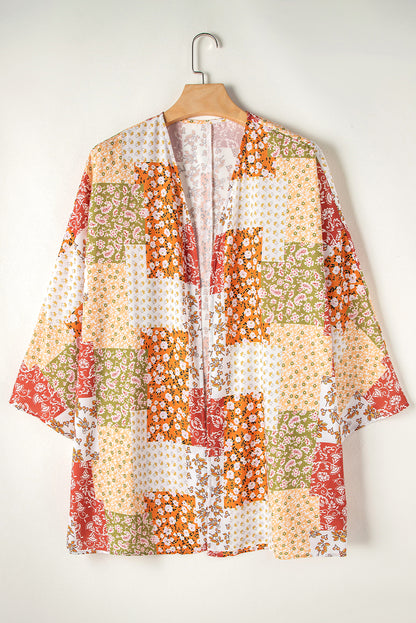 White Boho Patchwork Floral Open Front Kimono