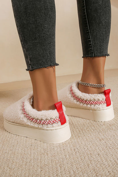 White Embroidered Sherpa Winter Slippers