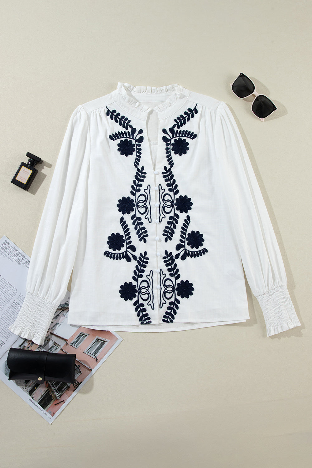 White Floral Embroidered Shirred Sleeve Elegant Shirt