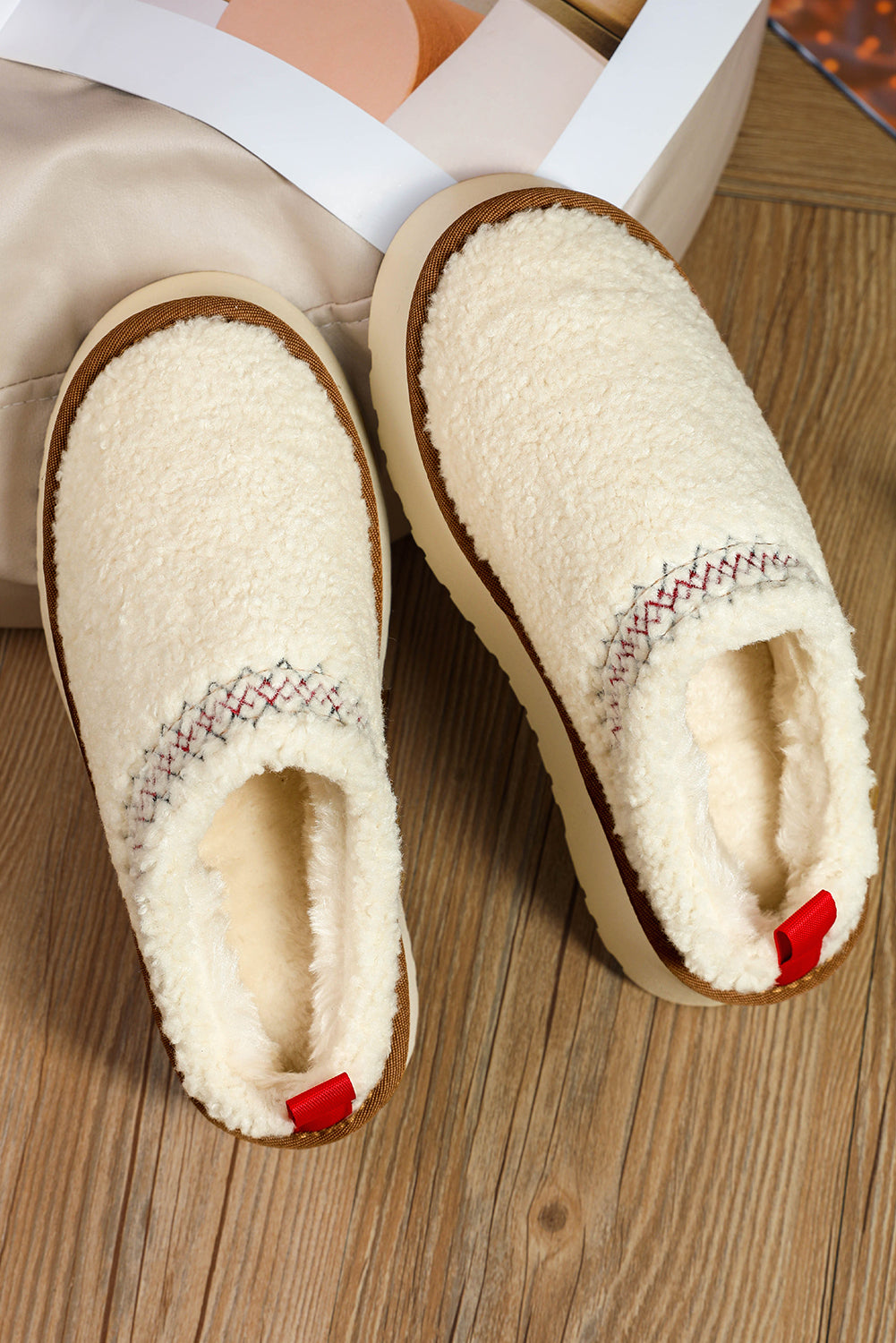White Embroidered Sherpa Winter Slippers