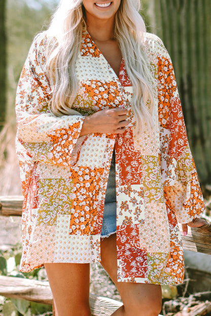 White Boho Patchwork Floral Open Front Kimono