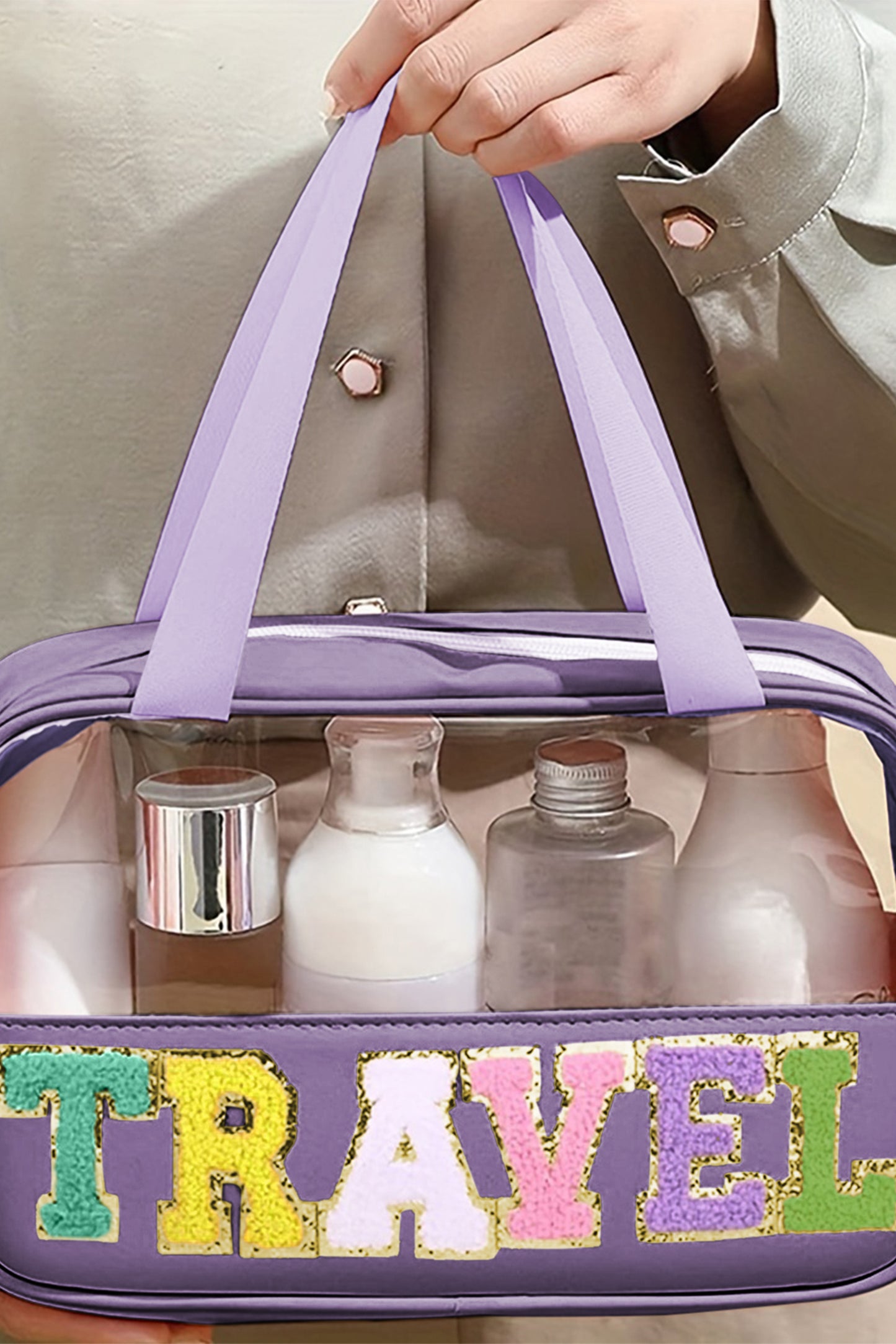 Purple TRAVEL Chenille Letter Clear Bag