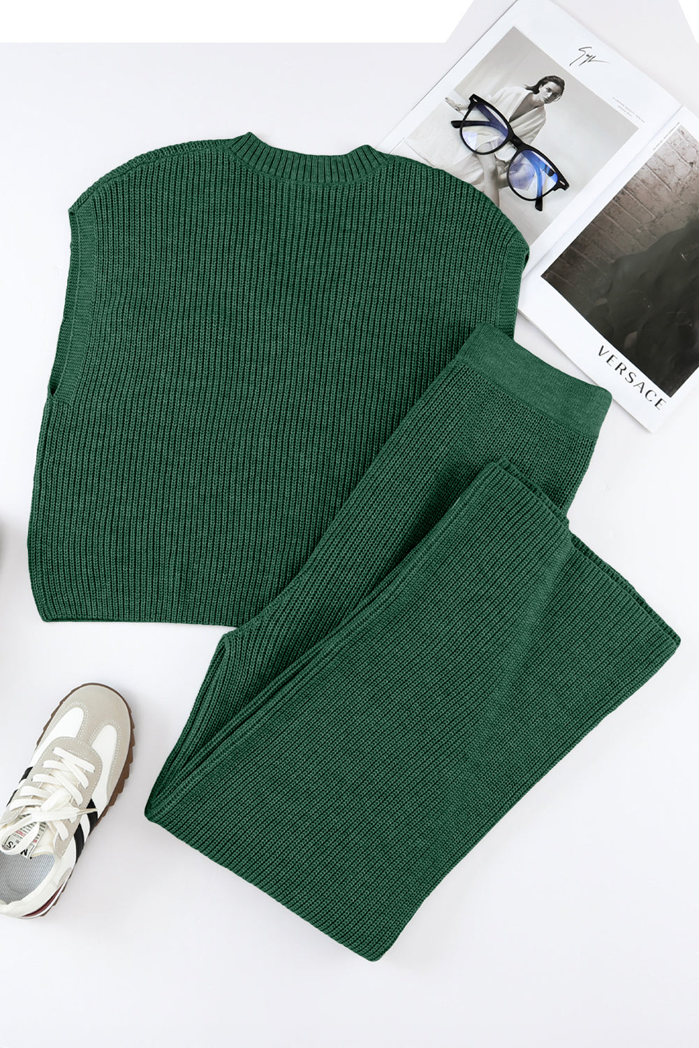 Green Knitted V Neck Sweater and Casual Pants Set