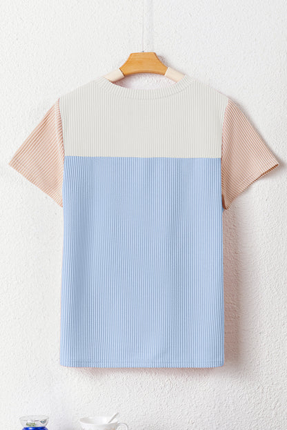 Light Blue Rib Textured Colorblock T Shirt